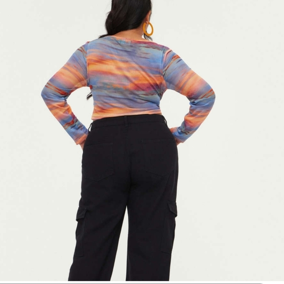 Sunset In The Sky Mesh Multicolor Ruched V-Neck Cropped Women's Top Size XL - Picture 9 of 9